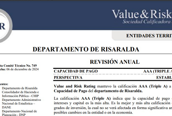 Risaralda fue ratificada por la calificadora de riesgos con la calificación Triple AAA