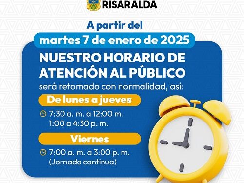 Gobernación de Risaralda retomará su horario habitual de atención al público desde el martes 7 de enero