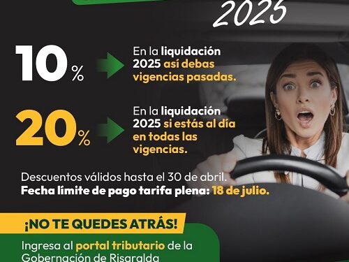 Gobernación de Risaralda anuncia 20 % de descuento en pago de Impuesto Vehicular