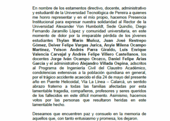 Nota de duelo: la Universidad Tecnológica de Pereira se solidariza con la comunidad de la Universidad Alexander Von Humboldt