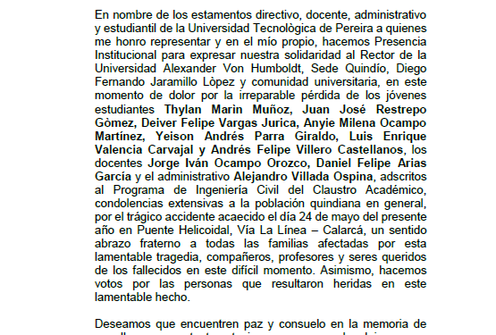Nota de duelo: la Universidad Tecnológica de Pereira se solidariza con la comunidad de la Universidad Alexander Von Humboldt