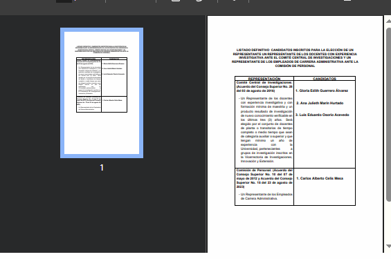 Listado definitivo candidatos elecciones Representante Comité Central de Investigaciones y Comisión de Personal