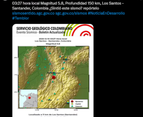 Fuerte temblor en Colombia: un sismo de 5.8 se sintió esta madrugada en varias regiones del país
